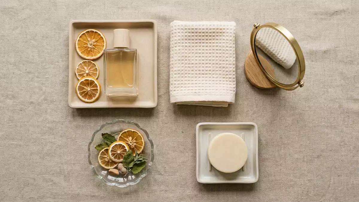 Flatlay-Arrangement rund um Eau de Cologne mit passenden Requisiten von oben, neutral