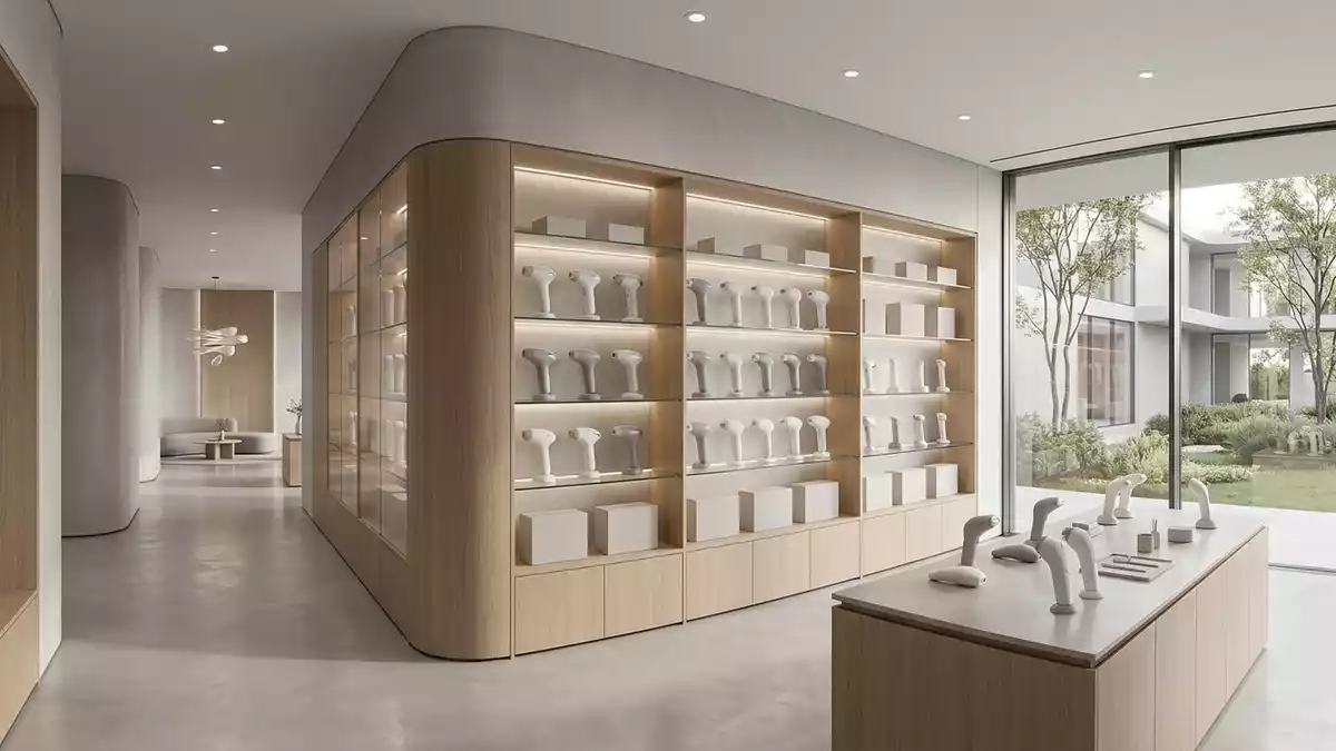 Architektur-Render im Koerperpflegegeschaeft mit Haarentferner im Ausstellungsbereich