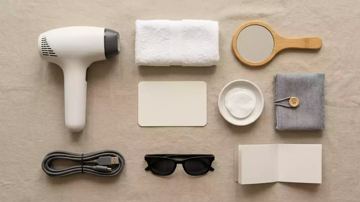 Flatlay-Arrangement rund um Haarentferner mit passenden Requisiten von oben, neutral