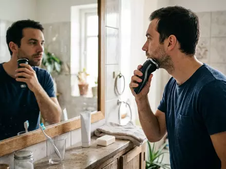 Fotorealistische Aufnahme von Elektrorasierer vor dem Spiegel zum Thema Philips Series 5000 Sensotouch, natuerliches Licht - Foto: THN