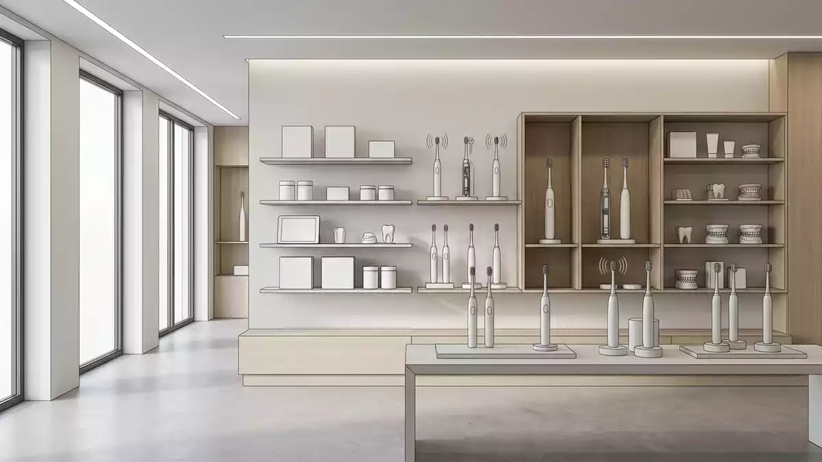 Architektur-Render im Mundpflegegeschaeft mit Elektrische Zahnbuerste im Ausstellungsbereich