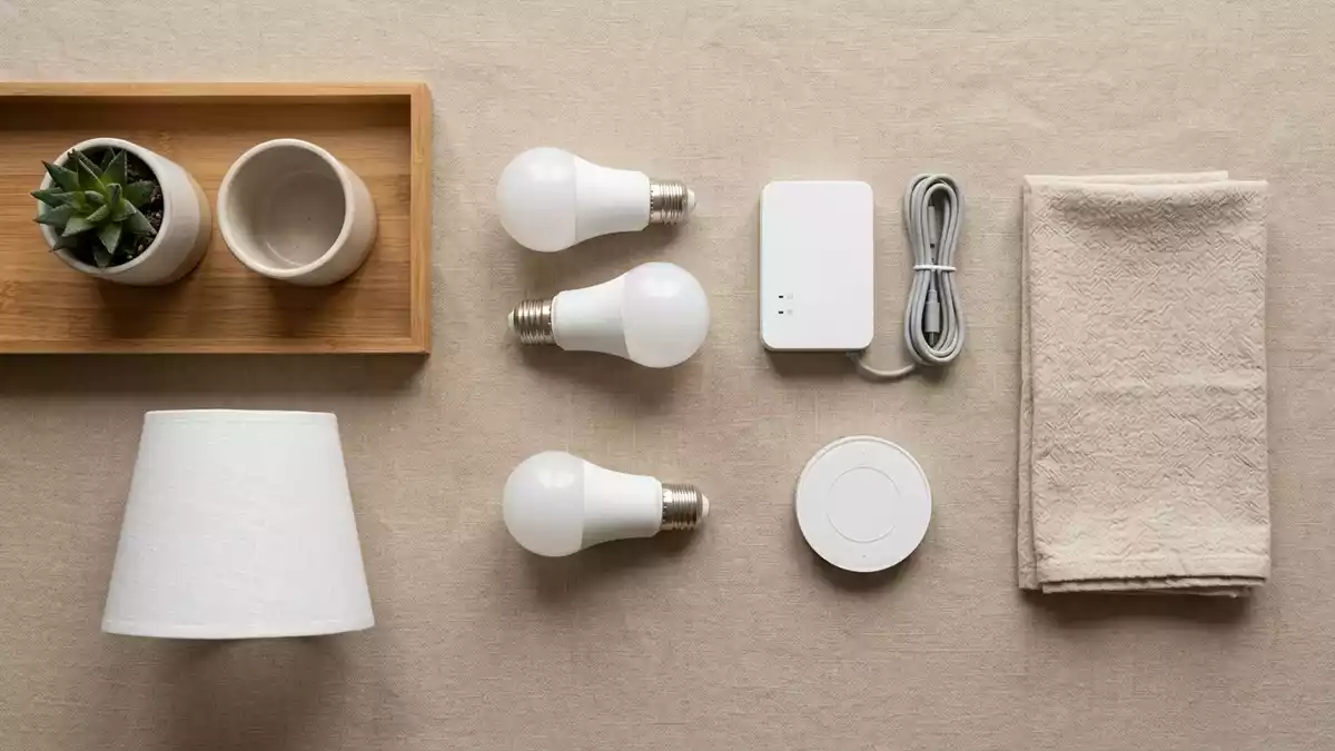 Flatlay-Arrangement rund um LED Starterset mit passenden Requisiten von oben, neutral