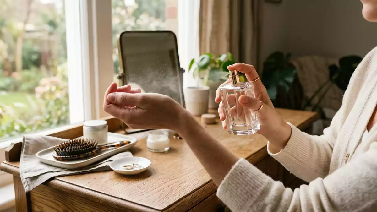 Fotorealistische Ansicht von Parfuem am Schminktisch in realer Umgebung, neutral