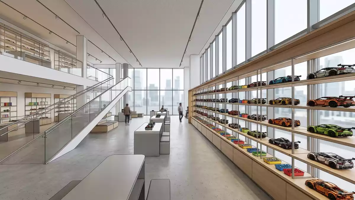 Architektur-Render im Spielwarenladen mit Fahrzeugbausatz im Ausstellungsbereich