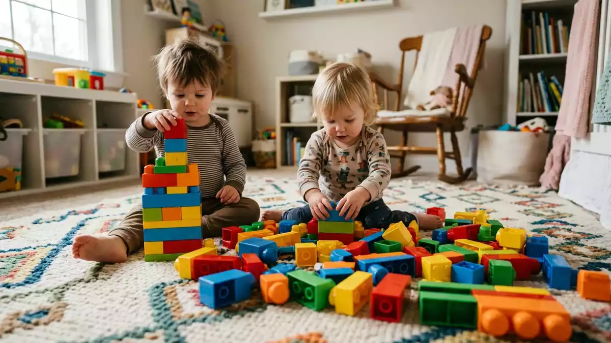 Fotorealistische Ansicht von Kleinkindbausatz im Kinderzimmer in realer Umgebung