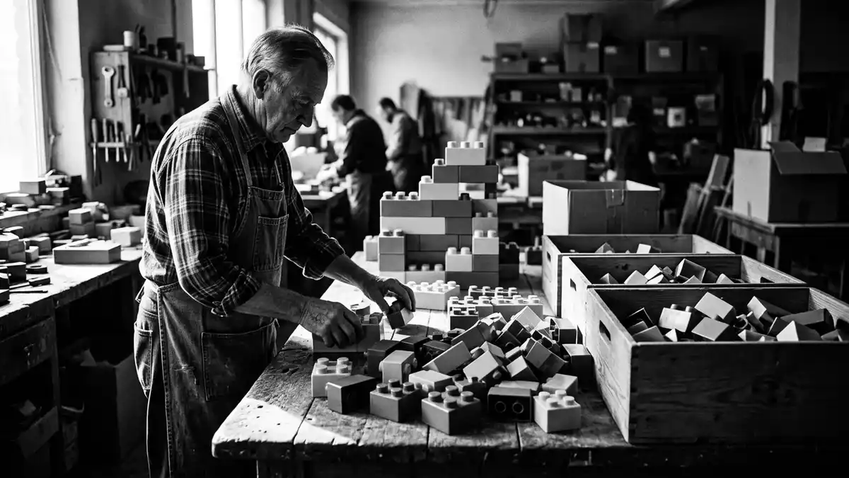 Schwarzweiss-Reportagebild mit Kleinkindbausatz in dokumentarischer Arbeitsumgebung
