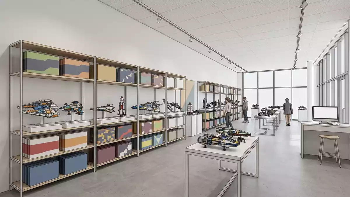Architektur-Render im Spielwarenladen mit Raumschiffbausatz im Ausstellungsbereich