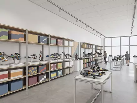 Architektur-Render im Spielwarenladen mit Raumschiffbausatz zum Thema LEGO Star Wars Millennium, neutrales Tageslicht - Foto: THN