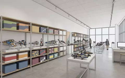 Architektur-Render im Spielwarenladen mit Raumschiffbausatz zum Thema LEGO Star Wars Millennium, neutrales Tageslicht - Foto: THN