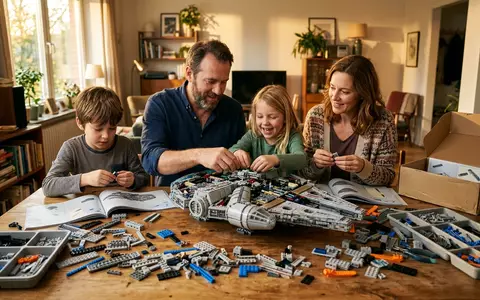 Fotorealistische Aufnahme von Raumschiffbausatz beim Familienabend zum Thema LEGO Star Wars Millennium, warmes Abendlicht - Foto: THN