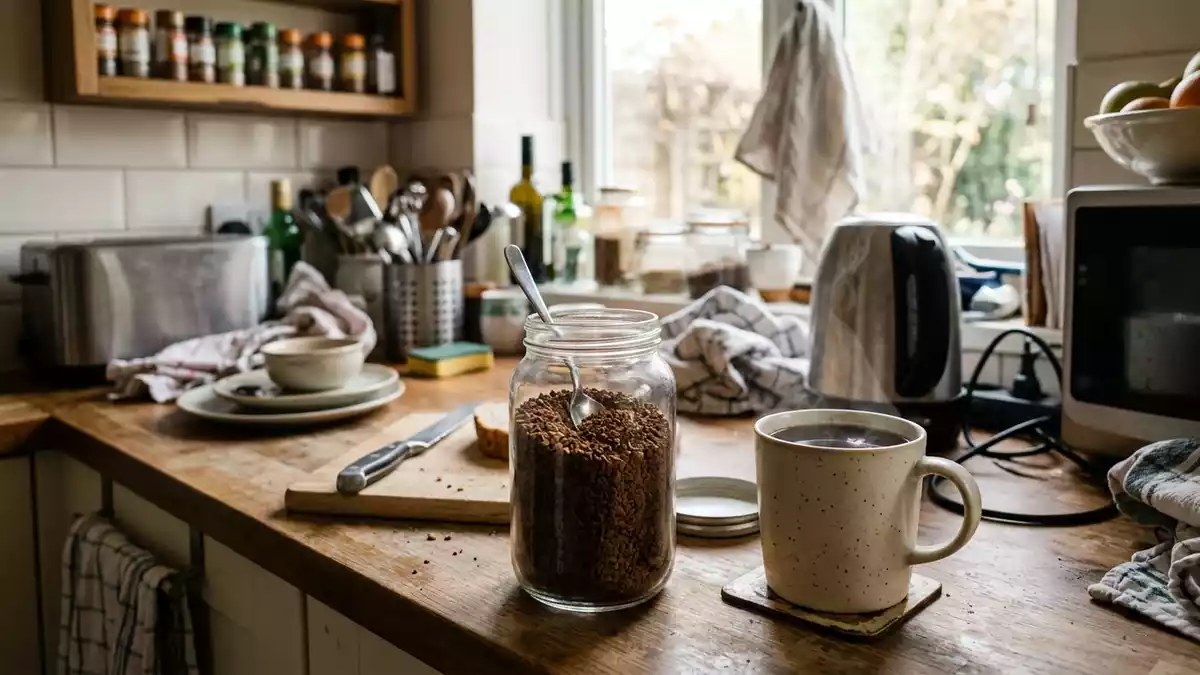 Fotorealistische Ansicht von Instantkaffee in der Kueche in realer Umgebung, neutral