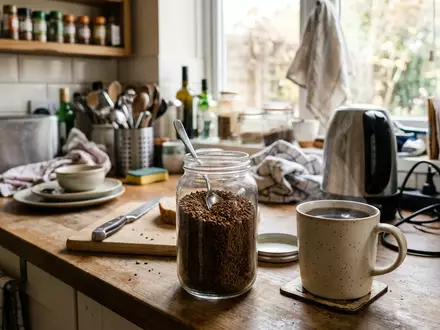 Fotorealistische Aufnahme von Instantkaffee in der Kueche zum Thema Nescafé Gold Löslicher Kaffee, natuerliches Licht - Foto: THN