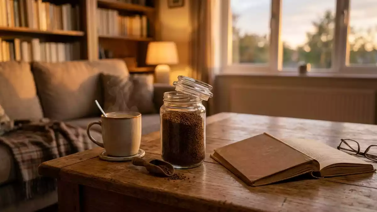 Fotorealistische Ansicht von Instantkaffee im Wohnzimmer in warmem Abendlicht, neutral