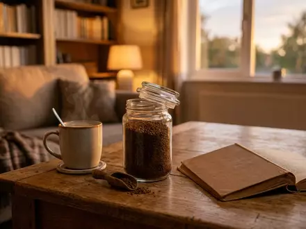 Fotorealistische Aufnahme von Instantkaffee im Wohnzimmer zum Thema Nescafé Gold Löslicher Kaffee, warmes Abendlicht - Foto: THN