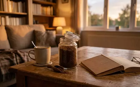 Fotorealistische Aufnahme von Instantkaffee im Wohnzimmer zum Thema Nescafé Gold Löslicher Kaffee, warmes Abendlicht - Foto: THN