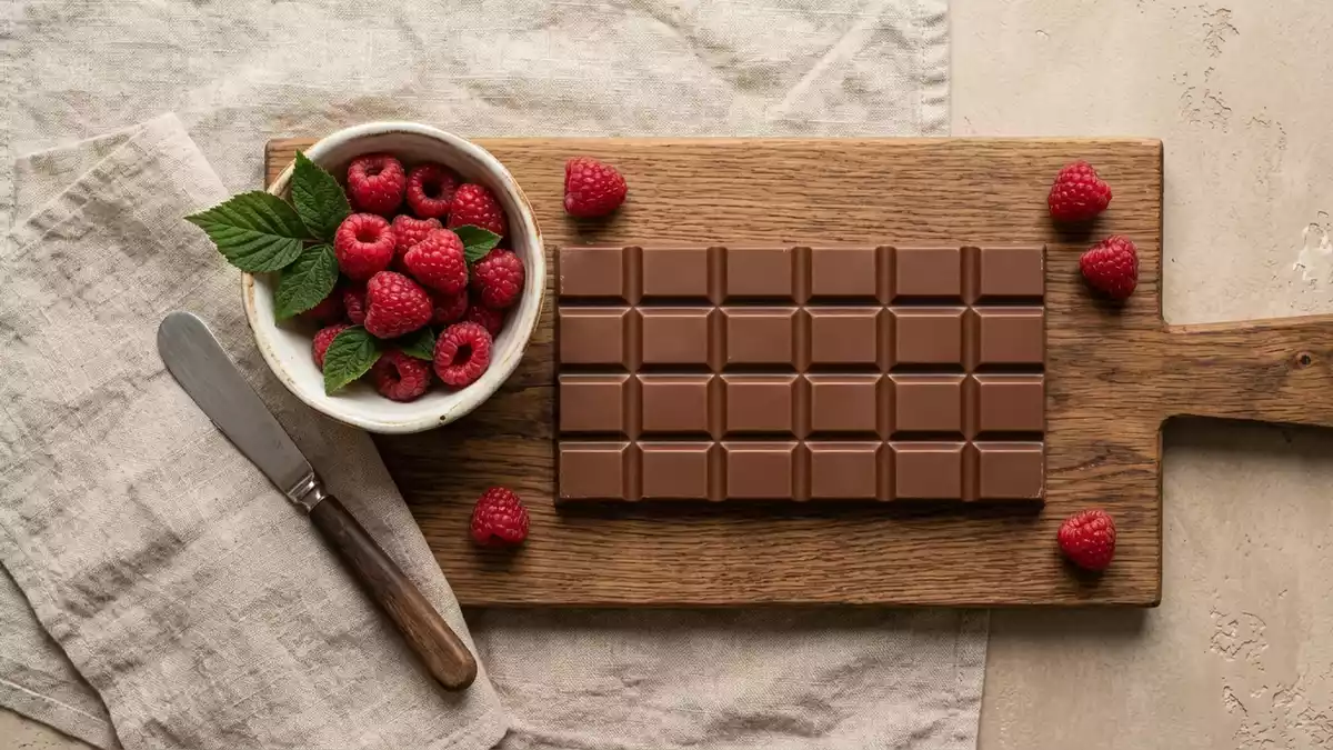 Flatlay-Arrangement rund um Schokoladenriegel mit passenden Requisiten von oben