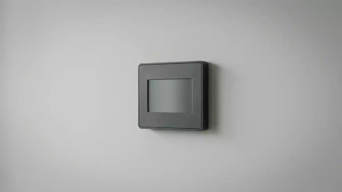 Fotorealistische Studioansicht von Raumthermostat in neutraler Produktdarstellung