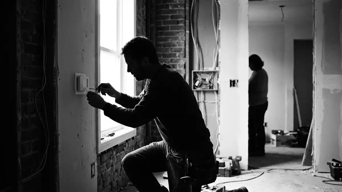 Schwarzweiss-Reportagebild mit Raumthermostat in dokumentarischer Arbeitsumgebung
