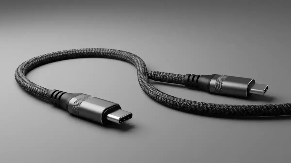 Fotorealistische Studioansicht von USB-C-Kabel in neutraler Produktdarstellung