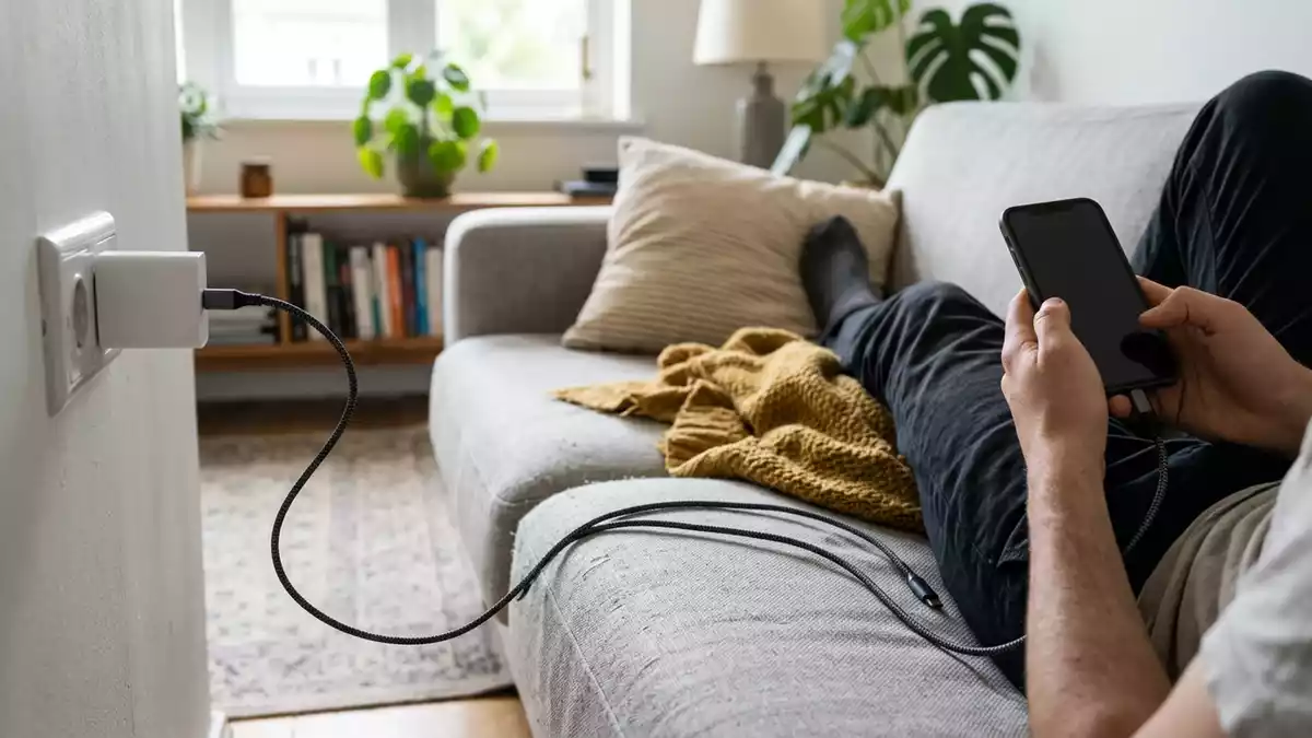 Fotorealistische Ansicht von USB-C-Kabel im Wohnzimmer in realer Umgebung, neutral