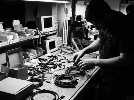 Schwarzweiss-Reportage mit USB-C-Kabel zum Thema Native Union Night Kabel, hoher Kontrast, sachlich dargestellt - Foto: THN