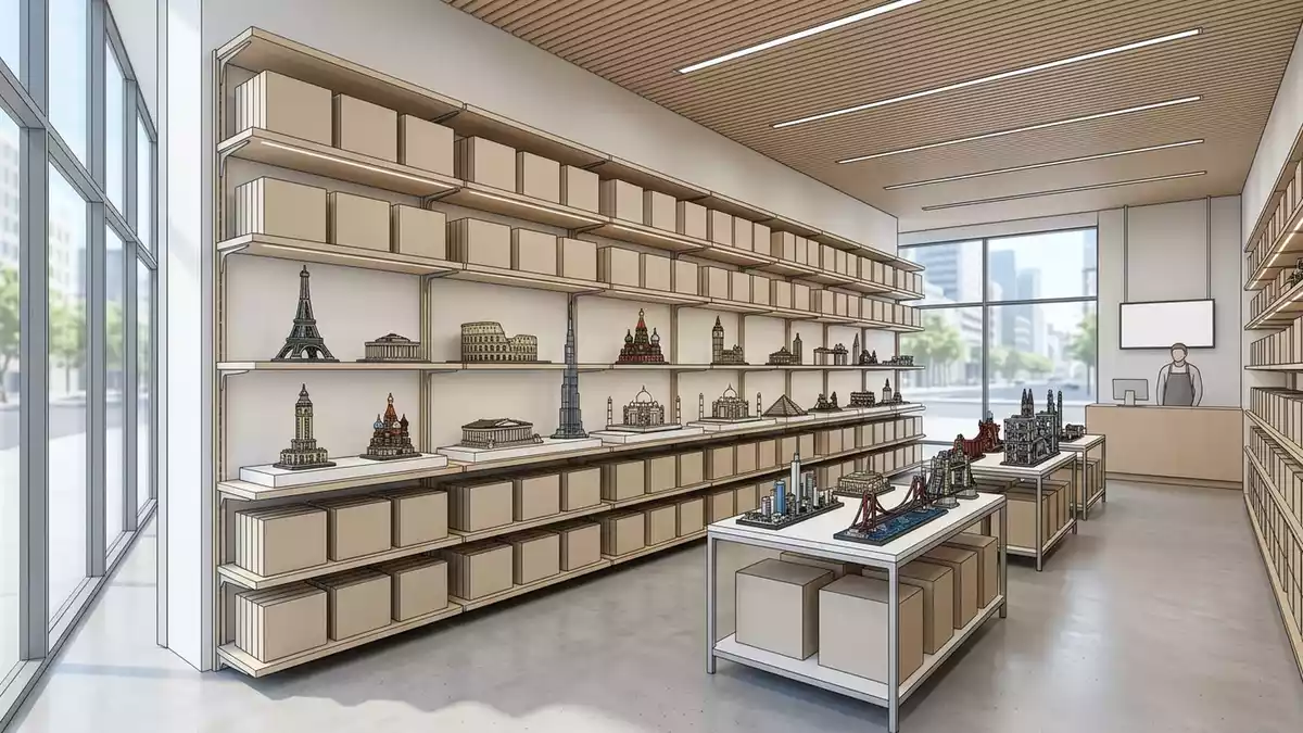 Architektur-Render im Modellbaugeschaeft mit Miniaturbausatz im Ausstellungsbereich