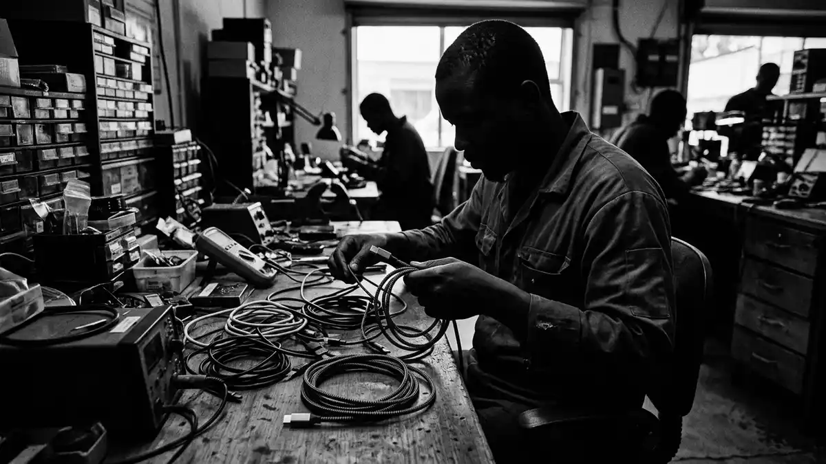 Schwarzweiss-Reportagebild mit Ladekabel in dokumentarischer Arbeitsumgebung, neutral