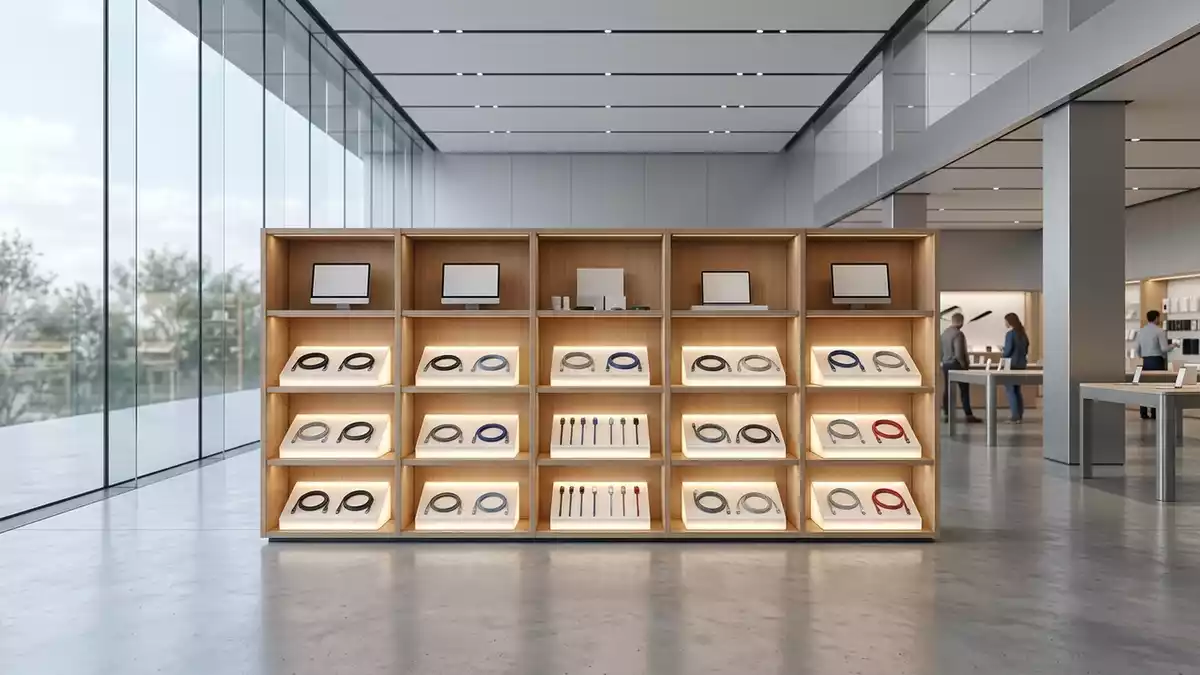 Architektur-Render im Elektronikfachgeschaeft mit Ladekabel im Ausstellungsbereich