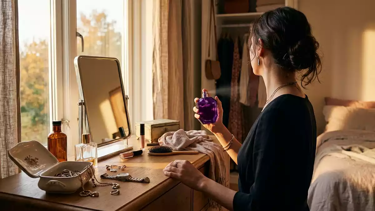 Fotorealistische Ansicht von Eau de Parfum im Schlafzimmer in warmem Abendlicht