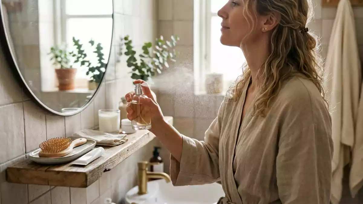 Fotorealistische Ansicht von Eau de Parfum im Badezimmer in realer Umgebung, neutral