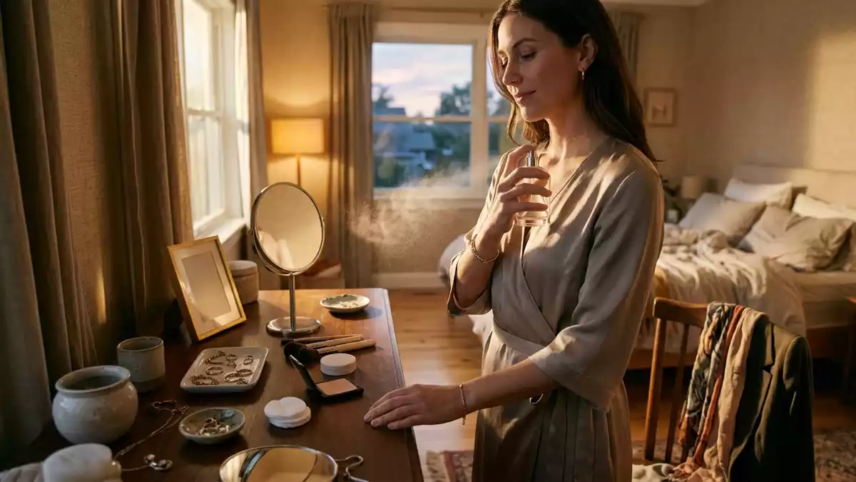 Fotorealistische Ansicht von Eau de Parfum im Schlafzimmer in warmem Abendlicht