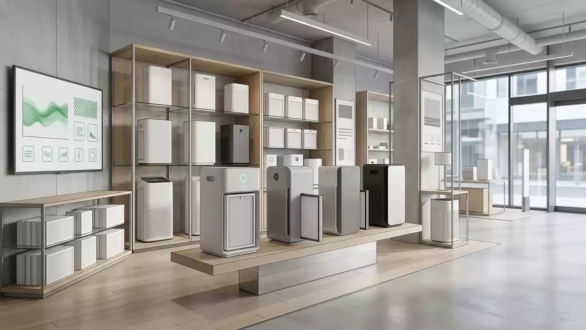 Architektur-Render im Haushaltsgeraetegeschaeft mit Luftreiniger im Ausstellungsbereich