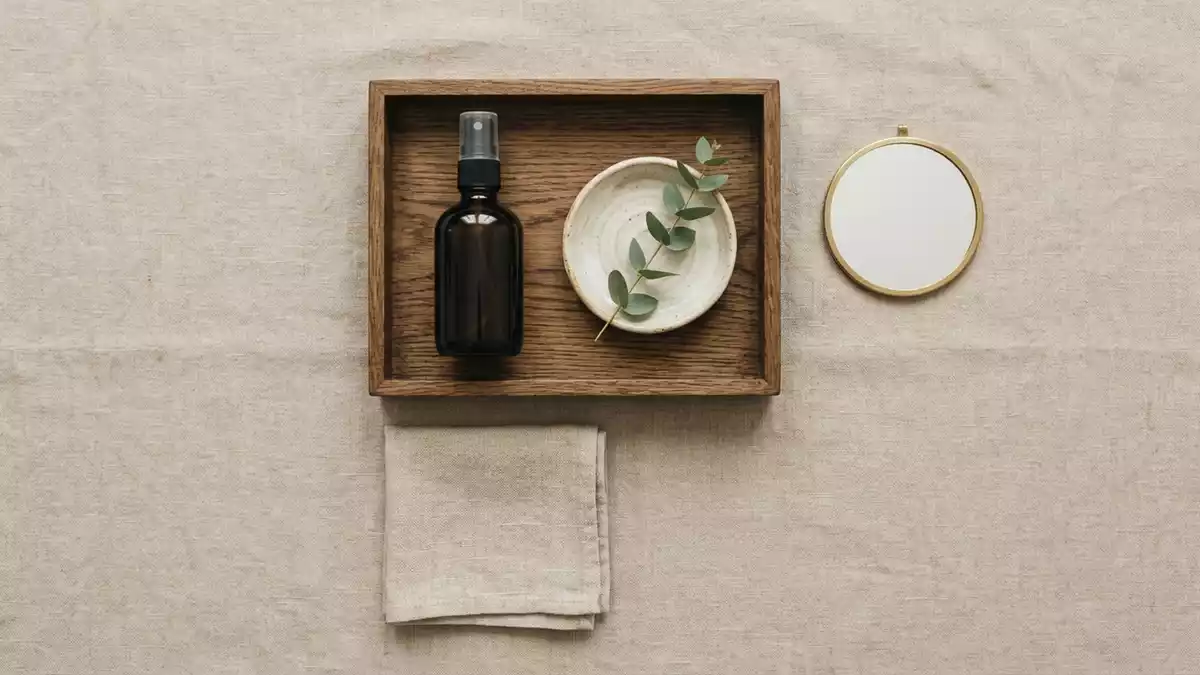 Flatlay-Arrangement rund um Eau de Toilette mit passenden Requisiten von oben, neutral