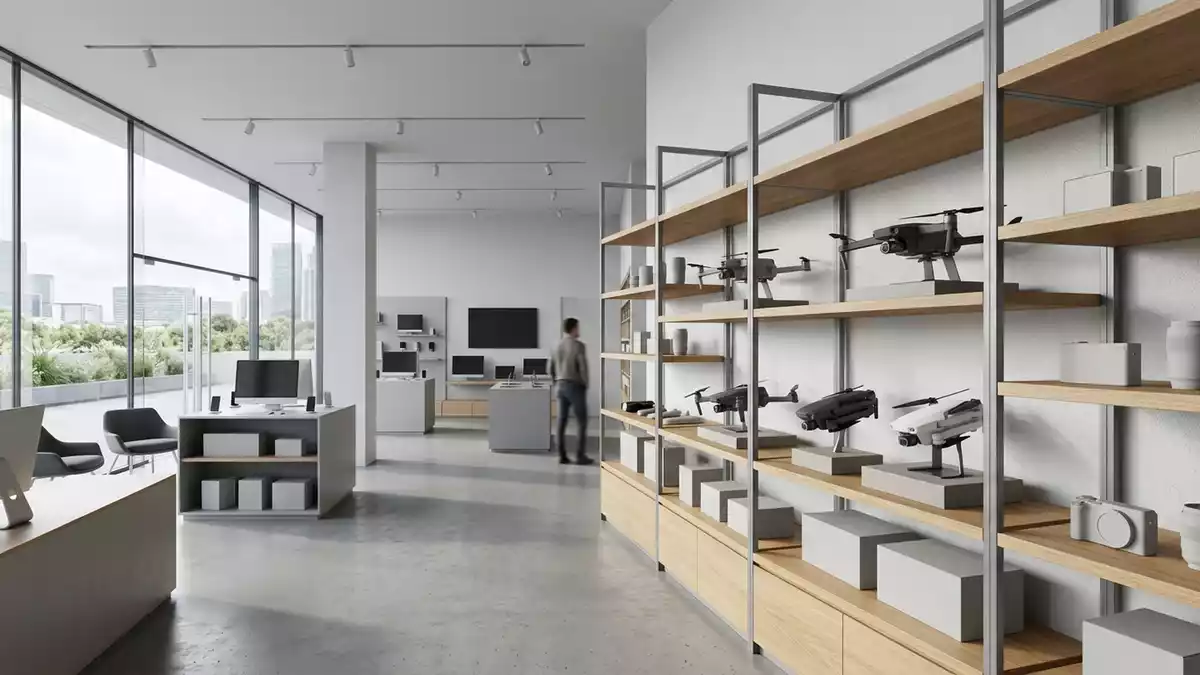 Architektur-Render im Elektronikgeschaeft mit Kameradrohne im Ausstellungsbereich