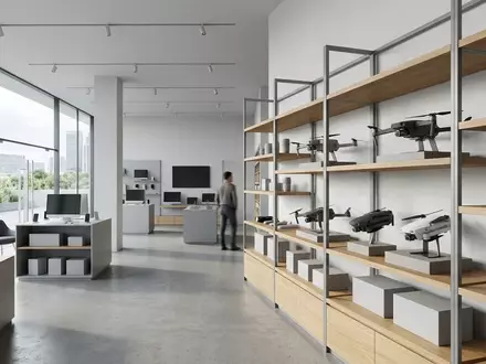 Architektur-Render im Elektronikgeschaeft mit Kameradrohne zum Thema DJI Mini 4K, neutrales Tageslicht - Foto: THN