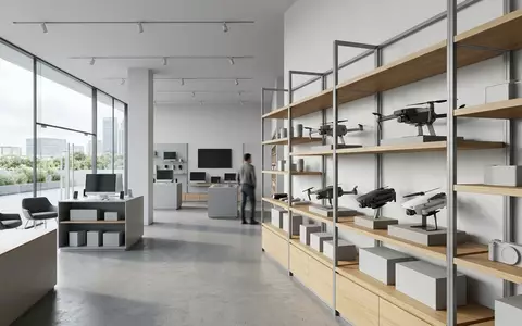 Architektur-Render im Elektronikgeschaeft mit Kameradrohne zum Thema DJI Mini 4K, neutrales Tageslicht - Foto: THN