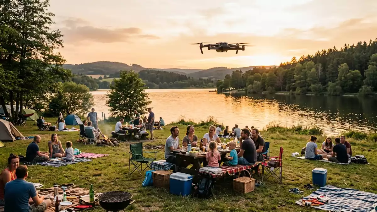 Fotorealistische Ansicht von Kameradrohne ueber dem Wald in warmem Abendlicht, neutral