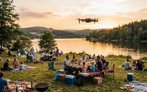 Fotorealistische Aufnahme von Kameradrohne ueber dem Wald zum Thema DJI Neo, warmes Abendlicht - Foto: THN