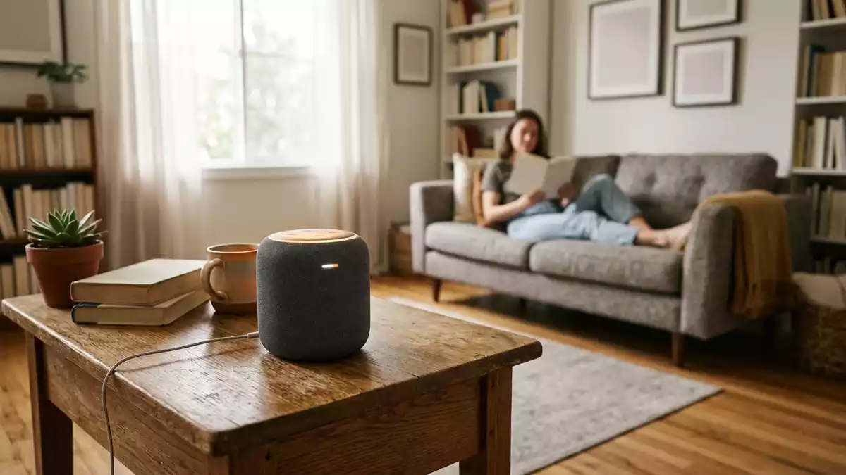Fotorealistische Ansicht von Smarte Lautsprecherbox im Wohnzimmer in realer Umgebung