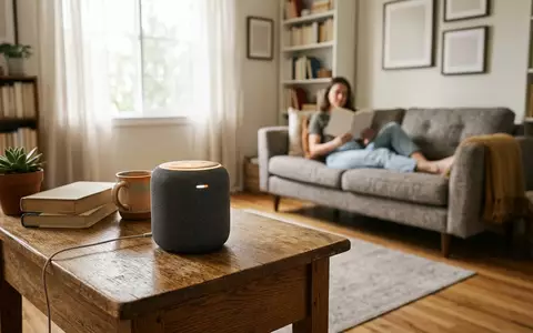 Fotorealistische Aufnahme von Smarte Lautsprecherbox im Wohnzimmer zum Thema Google Nest Mini 2., natuerliches Licht - Foto: THN