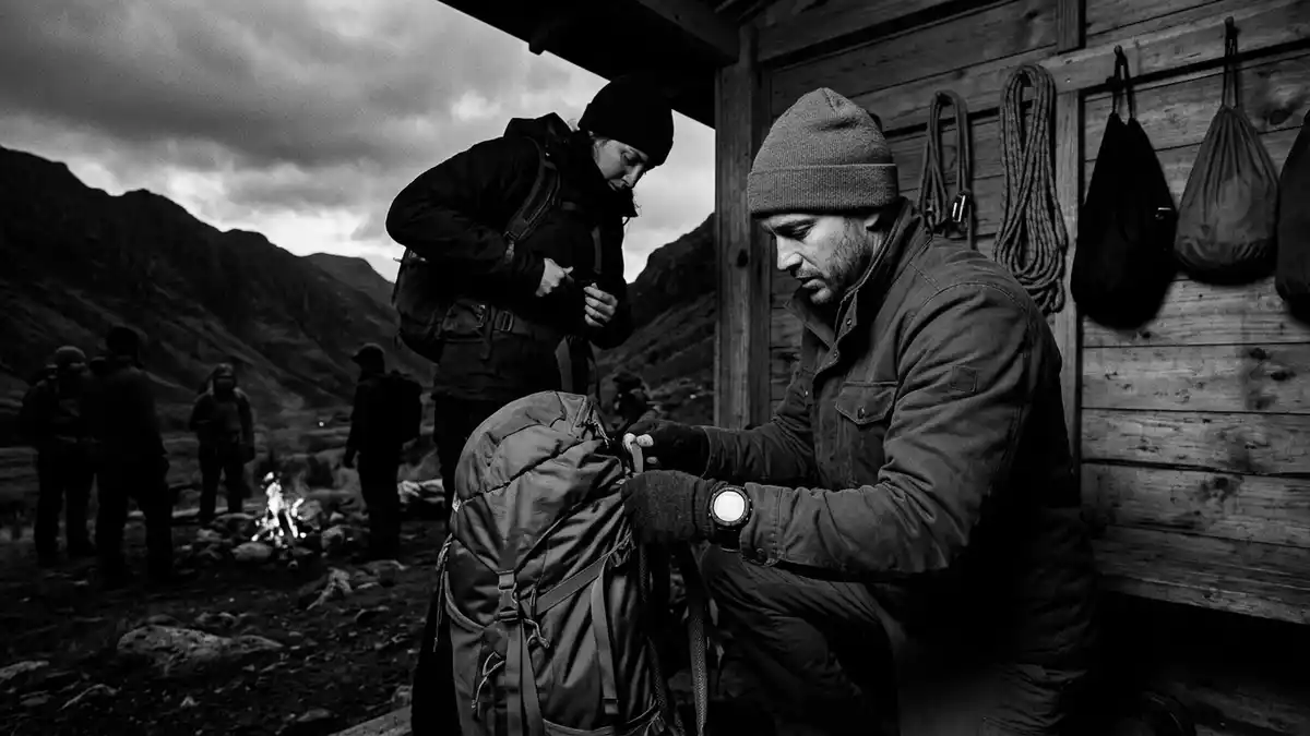 Schwarzweiss-Reportagebild mit Outdoor-Smartwatch in dokumentarischer Arbeitsumgebung
