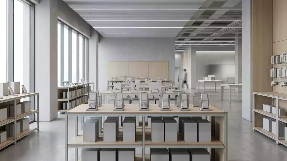 Architektur-Render im Werkzeuggeschaeft mit Laserentfernungsmesser im Ausstellungsbereich