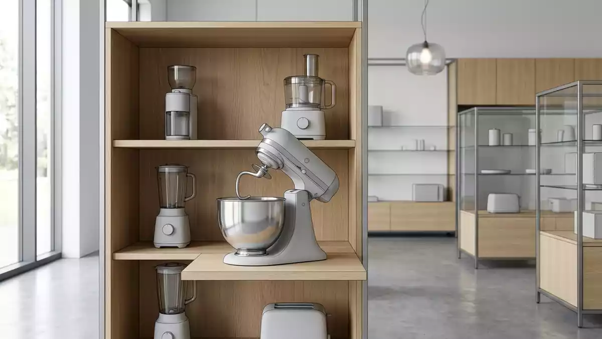 Architektur-Render im Kuechengeraetegeschaeft mit Kuechenmaschine im Ausstellungsbereich
