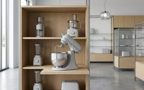 Architektur-Render im Kuechengeraetegeschaeft mit Kuechenmaschine zum Thema Bosch MUM5 CreationLine Küchenmaschine, neutrales Tageslicht - Foto: THN