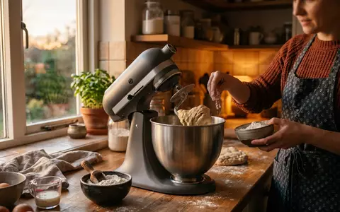 Fotorealistische Aufnahme von Kuechenmaschine beim Teigkneten zum Thema Bosch MUM5 CreationLine Küchenmaschine, warmes Abendlicht - Foto: THN