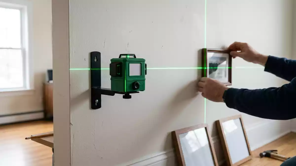 Fotorealistische Ansicht von Linienlaser an der Wand in realer Umgebung, neutral