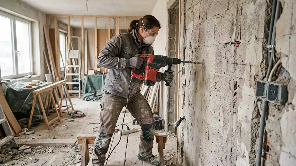 Fotorealistische Ansicht von Bohrhammer bei der Renovierung in realer Umgebung