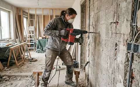 Fotorealistische Aufnahme von Bohrhammer bei der Renovierung zum Thema Bosch DIY PBH 2100, natuerliches Licht - Foto: THN