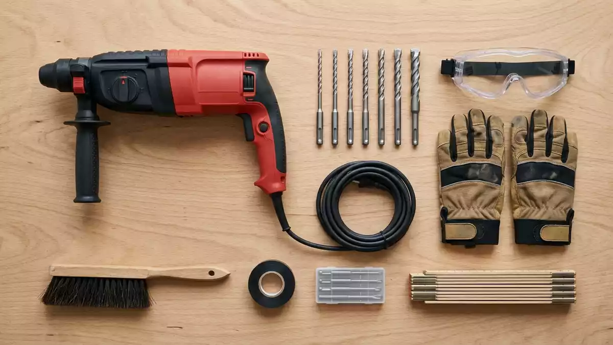 Flatlay-Arrangement rund um Bohrhammer mit passenden Requisiten von oben, neutral