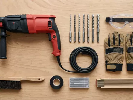 Flatlay-Arrangement rund um Bohrhammer zum Thema Bosch DIY PBH 2100, weiches Oberlicht - Foto: THN